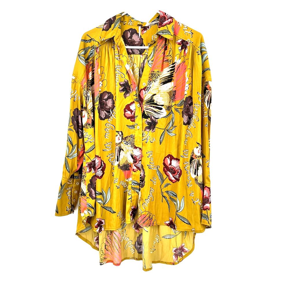 Free People Size XS Blouse Yellow Floral Button Up Pleated High Low Loose